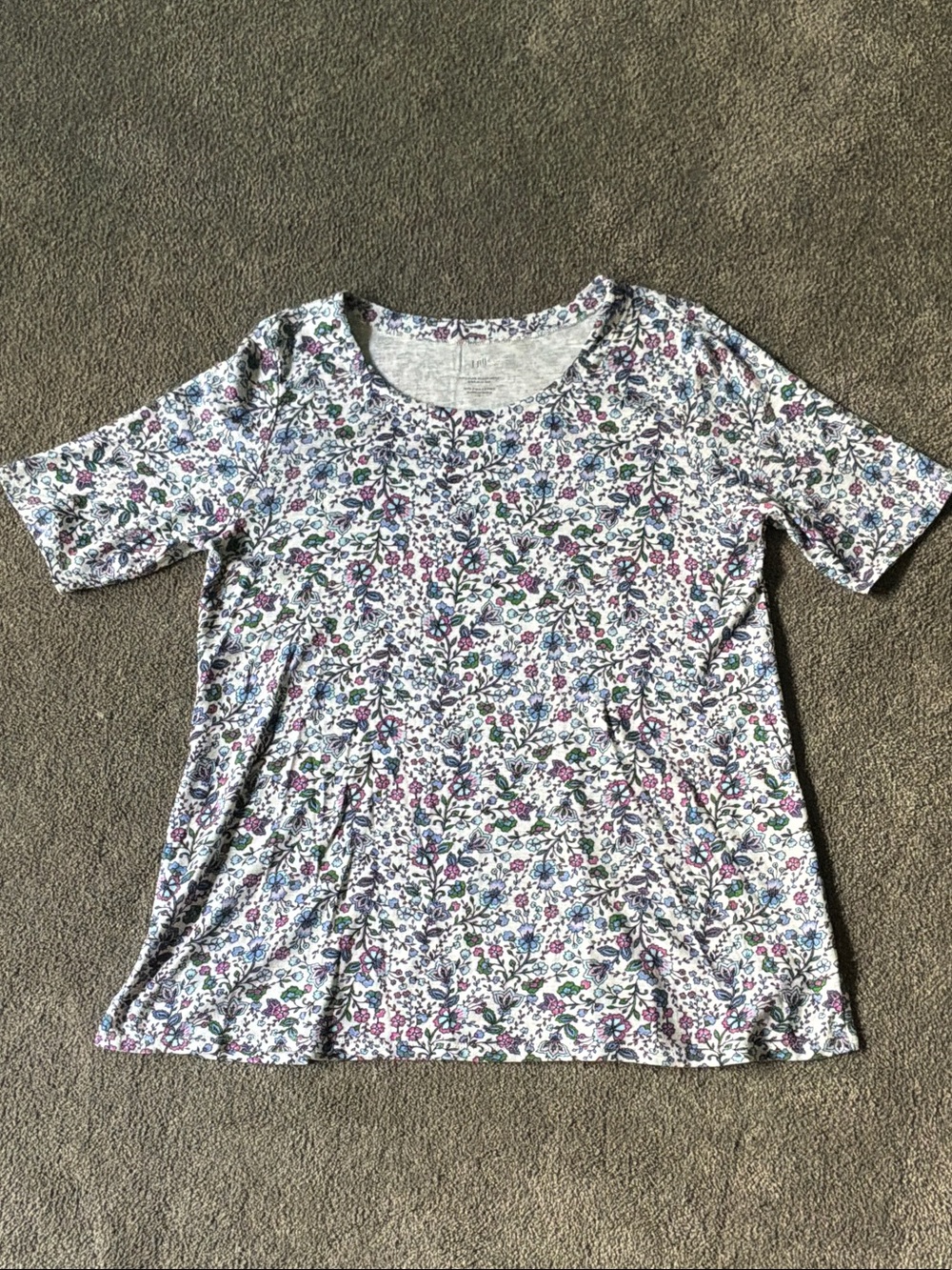 J. Jill White Short Sleeve Tee with Pink, Green & Blue Floral Print